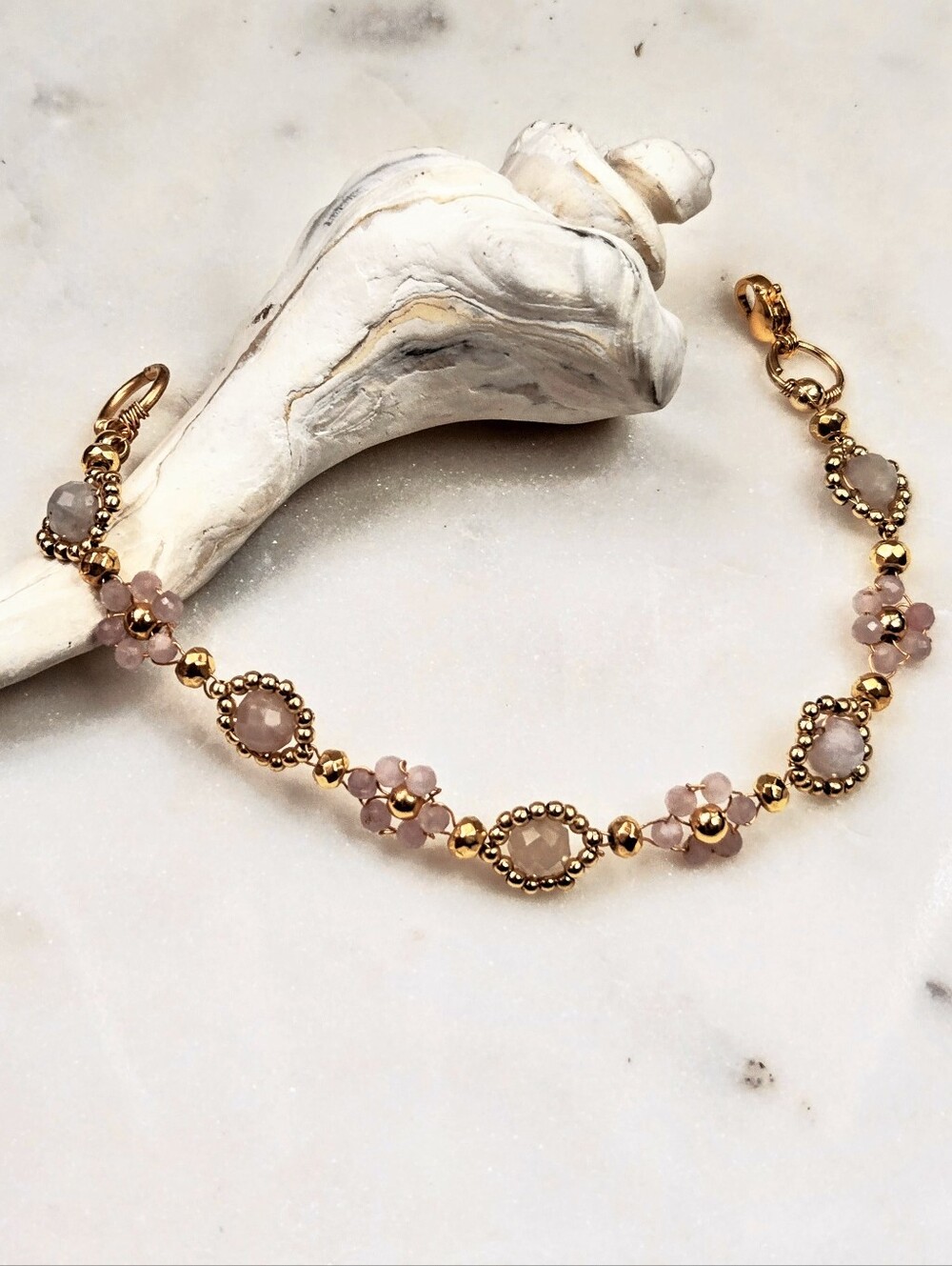 Natural Afghani Pink Kunzite Daisy Flowers in Handwired Artisan-Made Bracelet